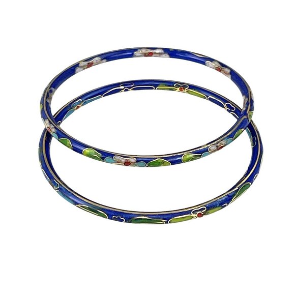 Vintage Cloisonné Enamel Bangles Set Of 2 Blue Floral Design Womens Jewelry - Picture 8 of 8